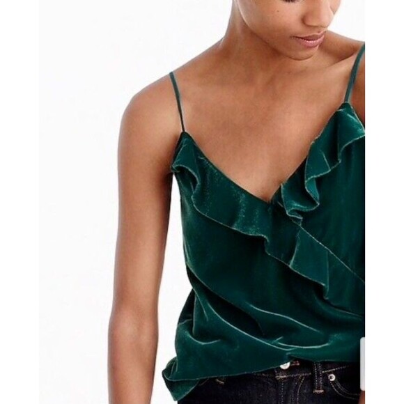 J CREW Tank Top Sz 2 Petite Dark Green Velvet Ruffle Cami Holiday Party Special - Picture 10 of 12